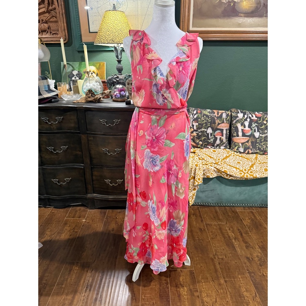Lauren Ralph Lauren Silk Floral Maxi Dress Pink Ruffle‎ Wrap Gown Size 8